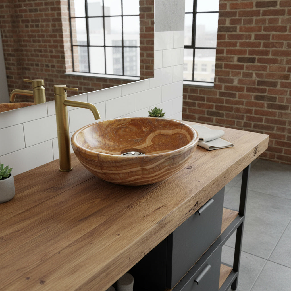 Turuncu Oniks Mermer Lavabo – El Oyması Doğal Taş Banyo Lavabosu, Yuvarlak Oniks Tezgâh Üstü Lavabo