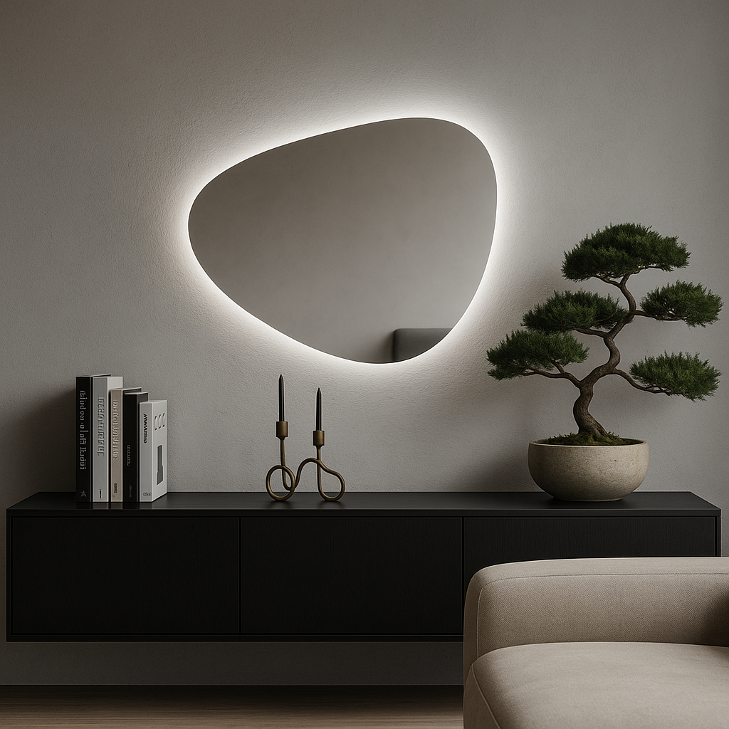 Modern Asimetrik LED Aydınlatmalı Banyo Aynası – Düzensiz Organik Formlu Dekoratif Duvar Aynası