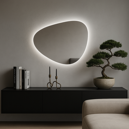 Modern Asimetrik LED Aydınlatmalı Banyo Aynası – Düzensiz Organik Formlu Dekoratif Duvar Aynası