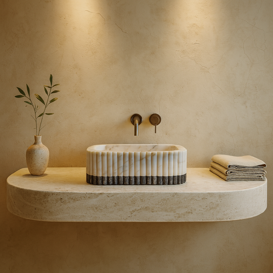 Premium Mermer Traverten Lavabo – Dikey Kanallı Kare Tezgâh Üstü Model