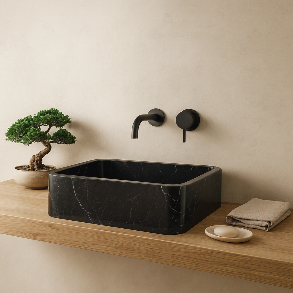 Toros Siyah Mermer Lavabo – Dikdörtgen El Yapımı Banyo Lavabosu (55×35×14 cm)