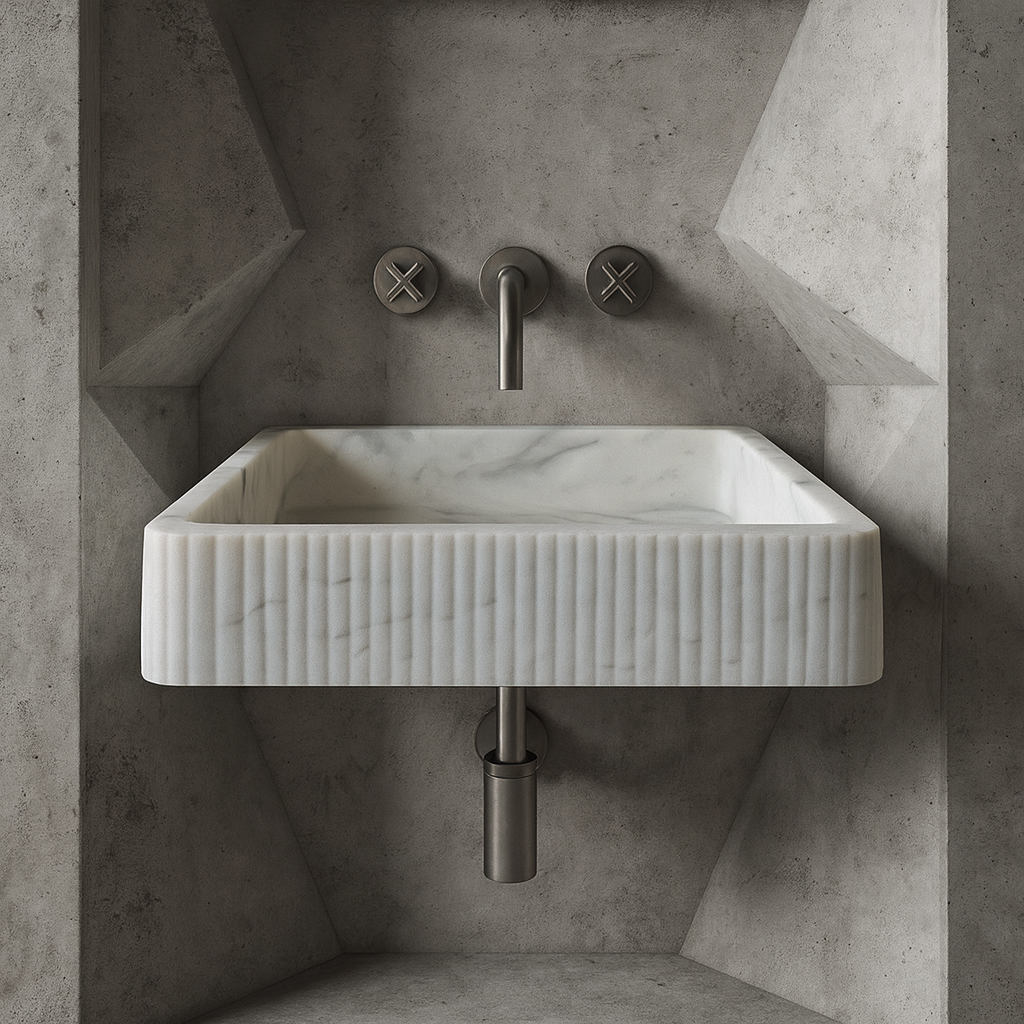 Carrara Beyaz Mermer Duvara Monte Banyo Lavabo – İnce Oyma Tasarımlı, El Yapımı Doğal Mermer Lavabo