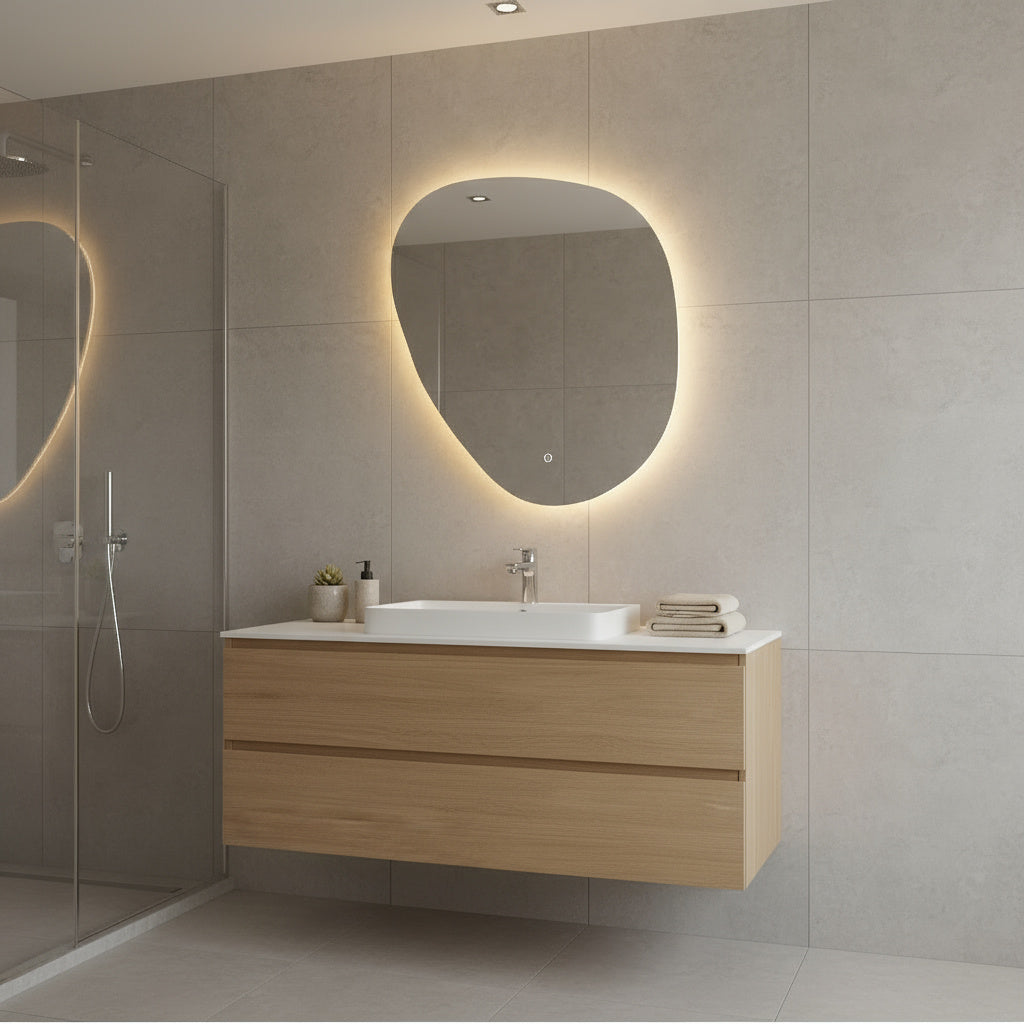 LED Wall Mirror – Irregular Organic Shape Lighted Mirror, Modern Boho Wall Decor with Backlit Glow