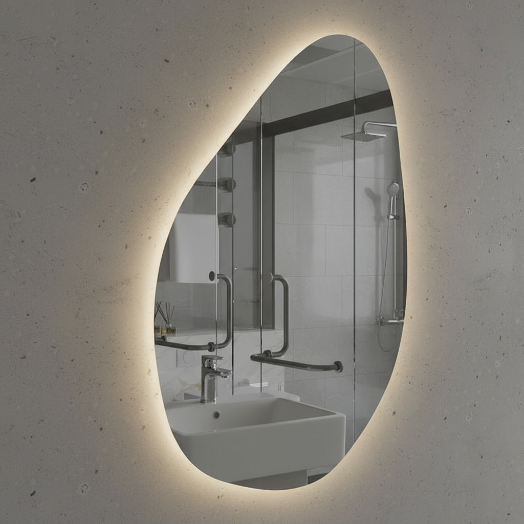 Asimetrik LED Ayna – Modern Organik Şekilli Duvar Aynası, Banyo & Makyaj Aydınlatmalı Dekoratif Ayna