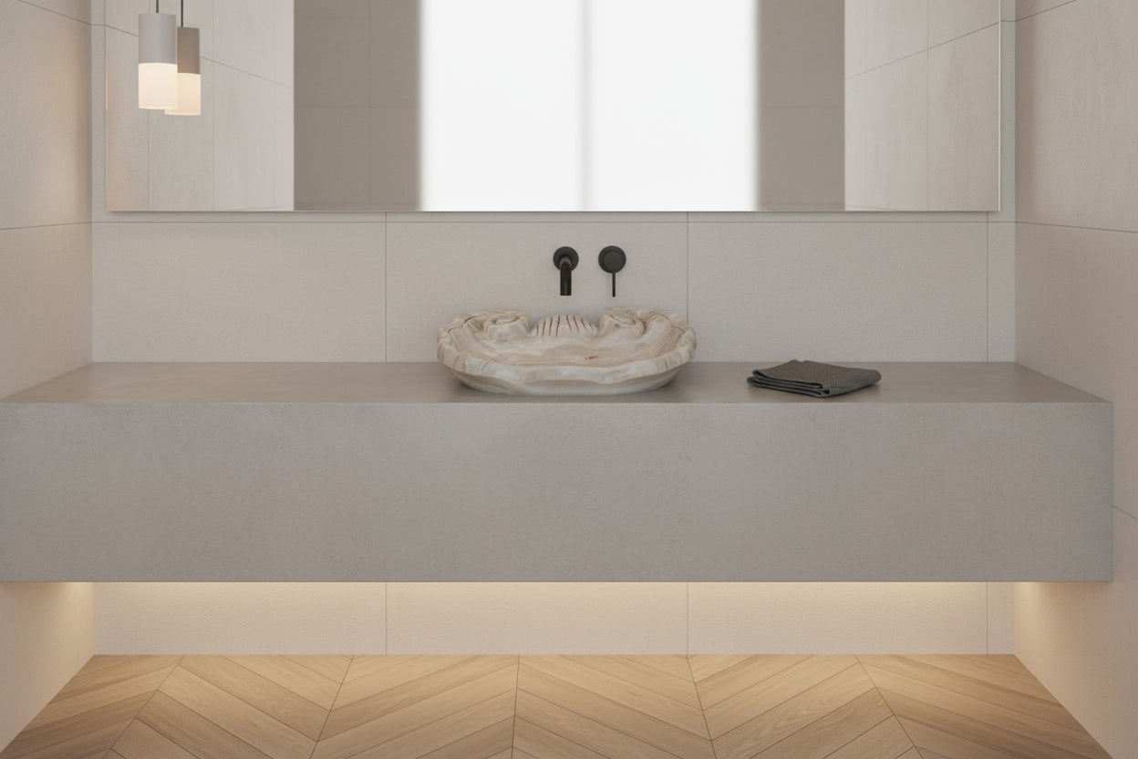Lüks Doğal Taş Mermer Lavabo – Özel Tasarım Deniz Kabuğu Modeli