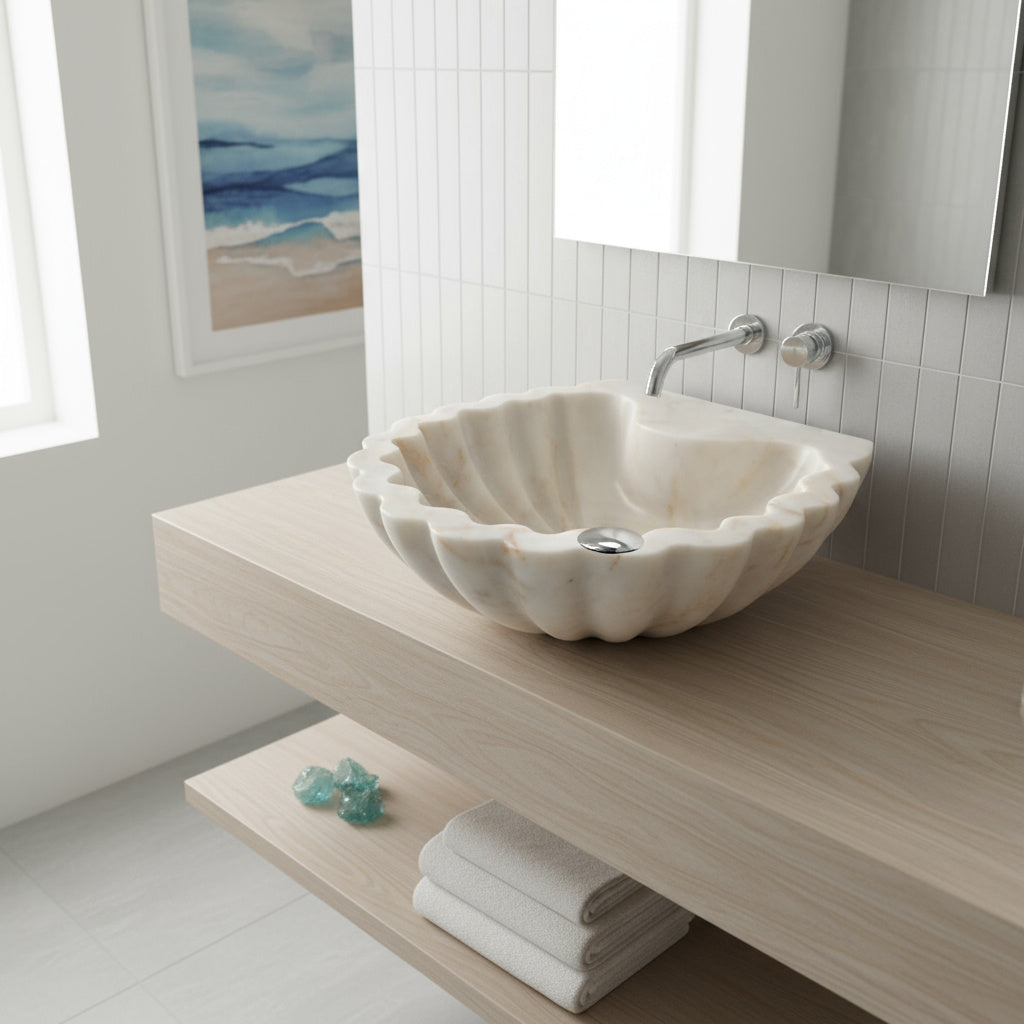 Carrara Mermer Kabuk Formu Banyo Lavabo – El Oyma Doğal Mermer Şelale Lavabo