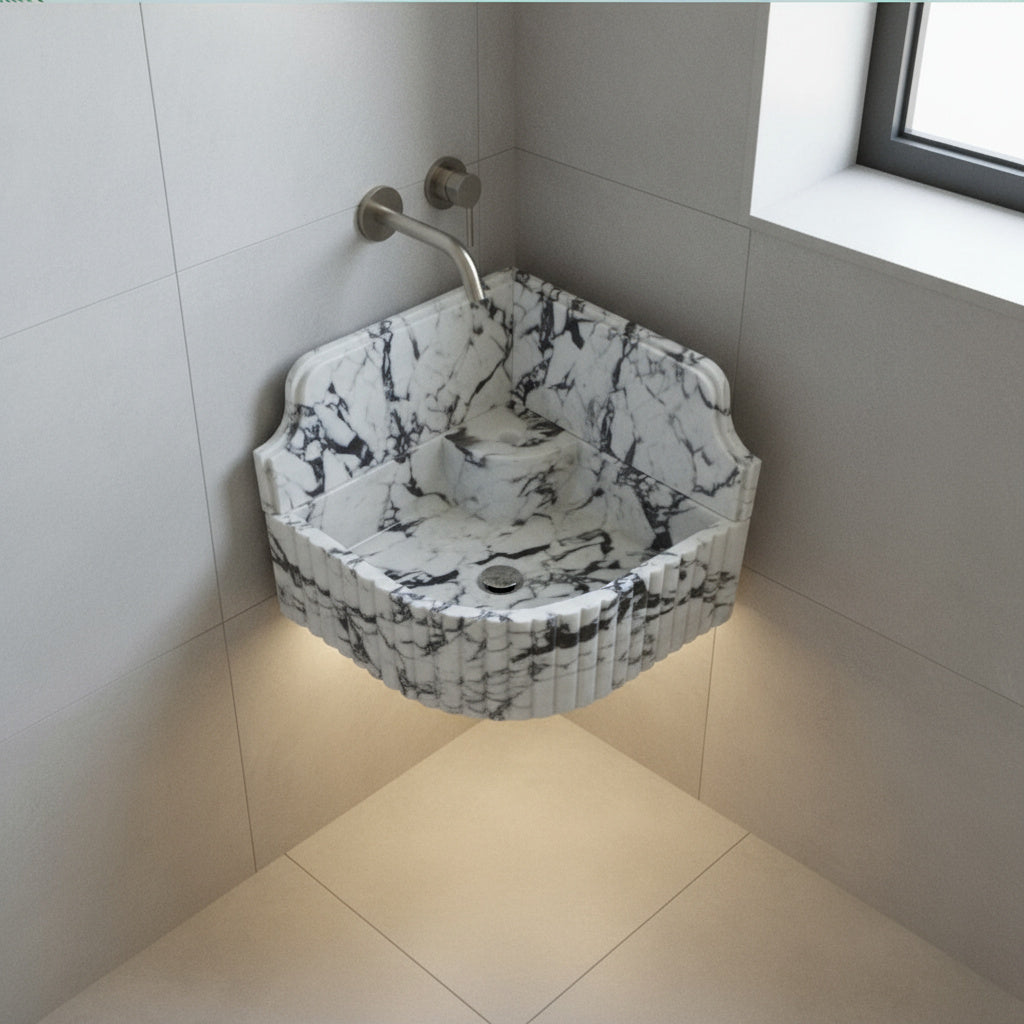 Calacatta Viola Mermer Duvar Tipi Köşe Lavabo – El Yapımı Lüks Köşe Mermeri Lavabo (41×41×20 cm)