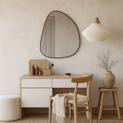 Modern Asimetrik Banyo Aynası – Çerçeveli Organik Form Dekoratif Duvar Aynası
