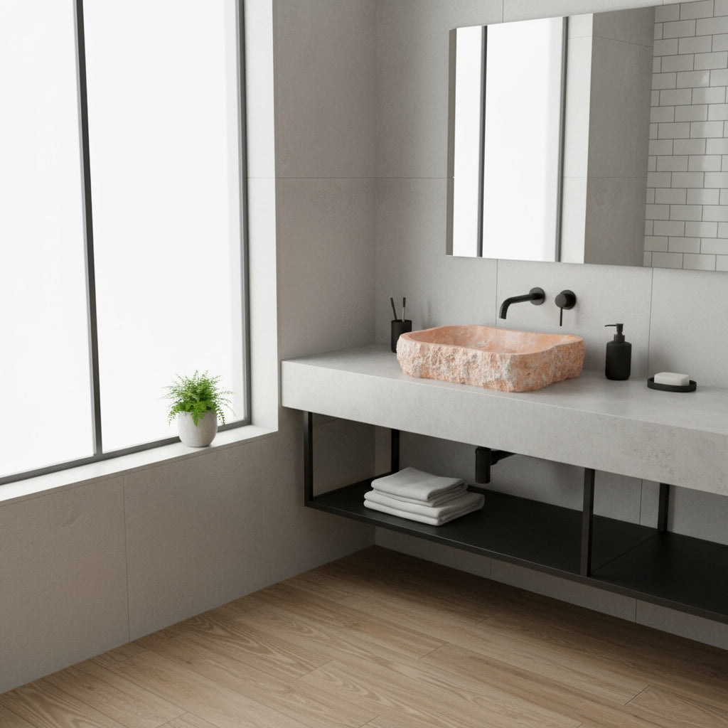 Rosa Marble Lavabo – Doğal Rosa Mermer Tezgâh Üstü Banyo Lavabosu (L 55 × W 40 × H 14 cm)