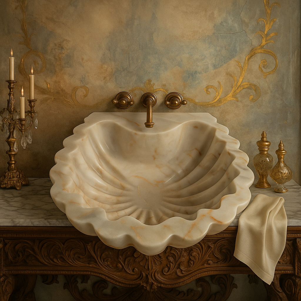 Carrara Mermer Kabuk Formu Banyo Lavabo – El Oyma Doğal Mermer Şelale Lavabo