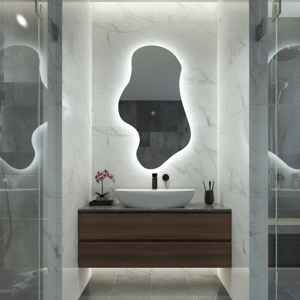 Asimetrik LED Ayna | Modern Organik Şekilli Işıklı Duvar ve Banyo Aynası – Dekoratif Tasarım