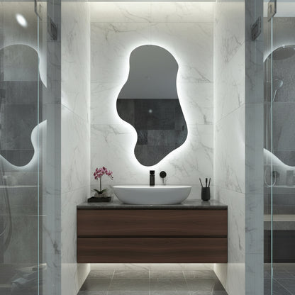 Asimetrik LED Ayna | Modern Organik Şekilli Işıklı Duvar ve Banyo Aynası – Dekoratif Tasarım