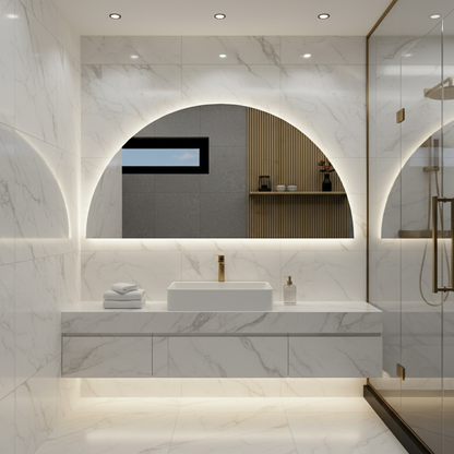 Yarım Daire LED Banyo Aynası – Modern Işıklı Ayna, Arkadan Aydınlatmalı Tasarım, Şık Banyo Dekoru