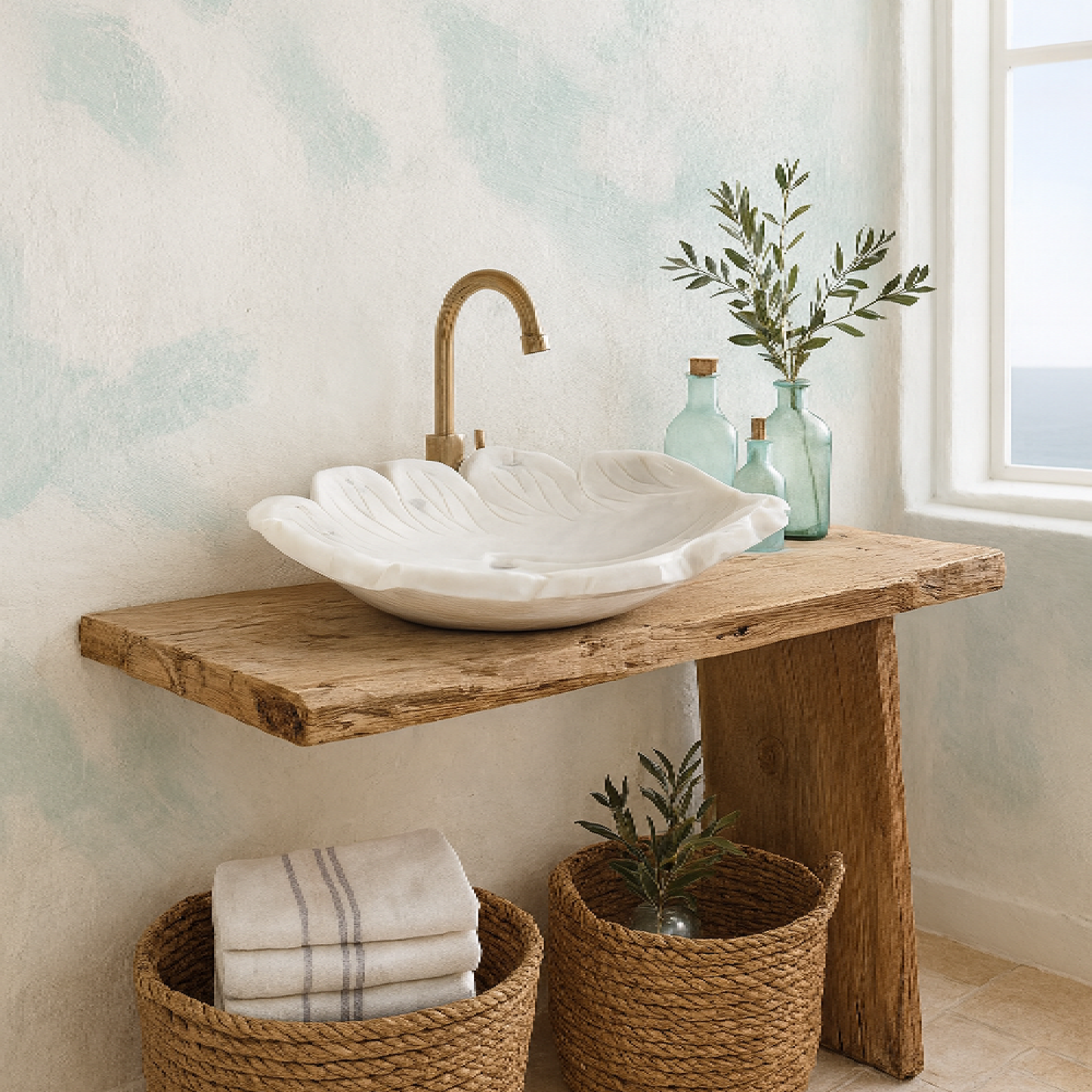 El Yapımı Mermer Yaprak Formu Lavabo – Doğal Taş Banyo Tezgâh Üstü Lavabo