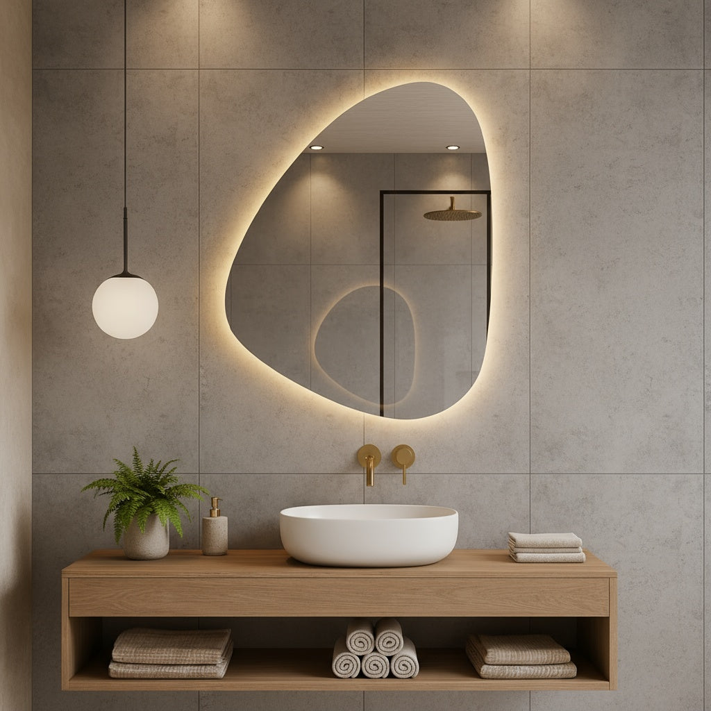 Modern LED Organik Banyo Aynası – Asimetrik Aydınlatmalı Dekoratif Duvar Aynası, Sıcak Işıklı Tasarım
