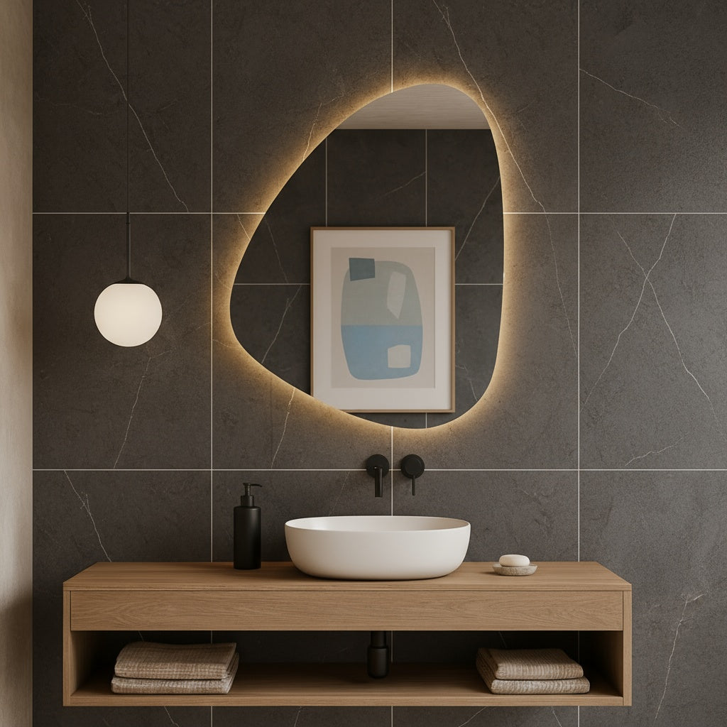 Modern LED Organik Banyo Aynası – Asimetrik Aydınlatmalı Dekoratif Duvar Aynası, Sıcak Işıklı Tasarım