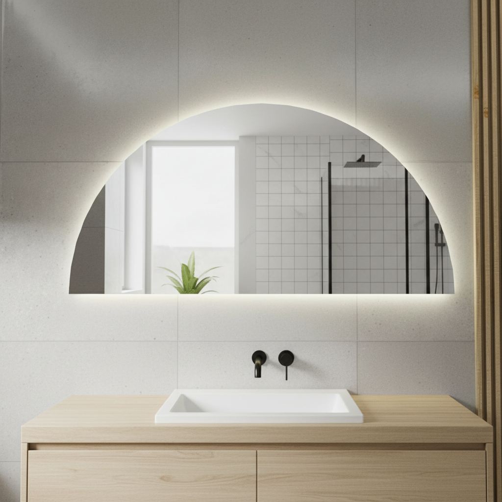 Yarım Daire LED Banyo Aynası – Modern Işıklı Ayna, Arkadan Aydınlatmalı Tasarım, Şık Banyo Dekoru