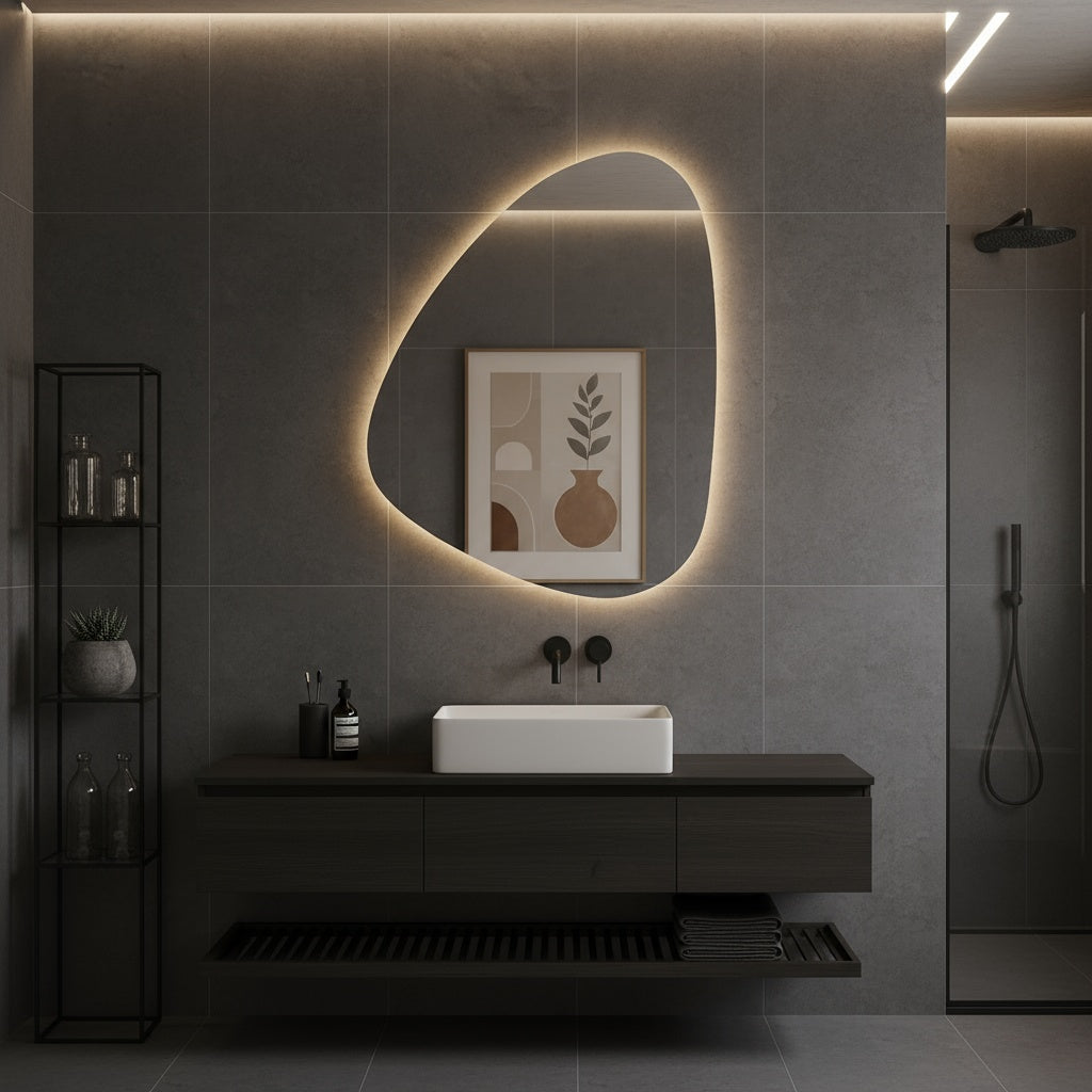 Modern LED Organik Banyo Aynası – Asimetrik Aydınlatmalı Dekoratif Duvar Aynası, Sıcak Işıklı Tasarım