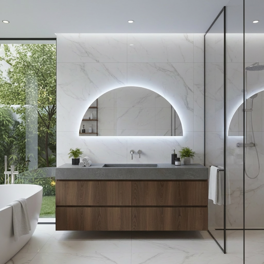 Yarım Daire LED Banyo Aynası – Modern Işıklı Ayna, Arkadan Aydınlatmalı Tasarım, Şık Banyo Dekoru