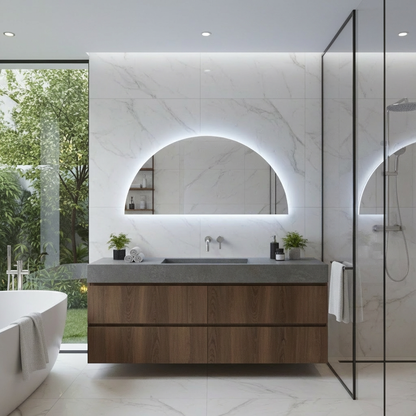 Yarım Daire LED Banyo Aynası – Modern Işıklı Ayna, Arkadan Aydınlatmalı Tasarım, Şık Banyo Dekoru