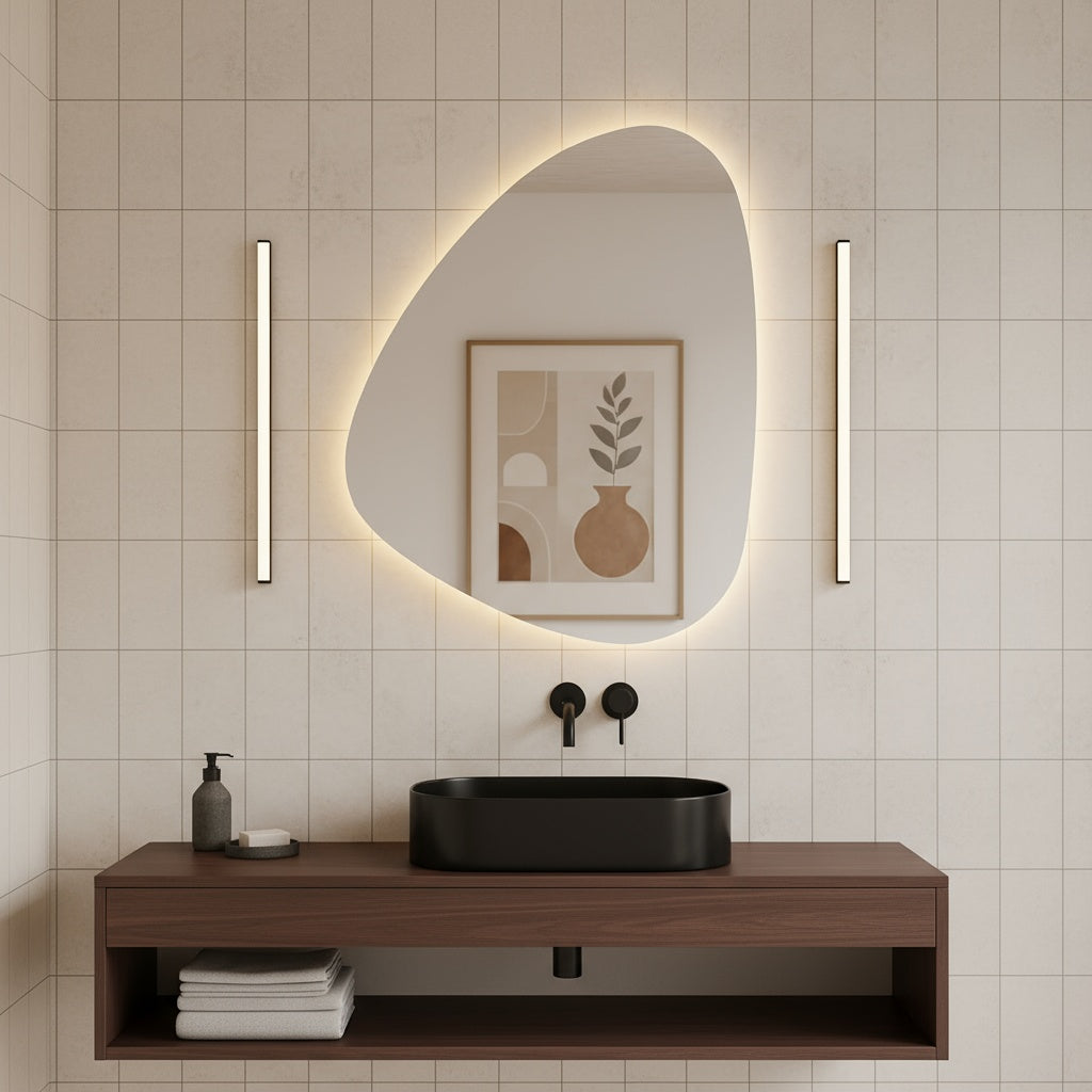 Modern LED Organik Banyo Aynası – Asimetrik Aydınlatmalı Dekoratif Duvar Aynası, Sıcak Işıklı Tasarım