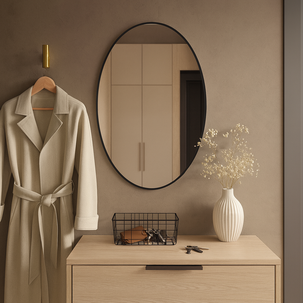 Modern Oval Banyo Aynası – Siyah Çerçeveli Dekoratif Duvar Aynası