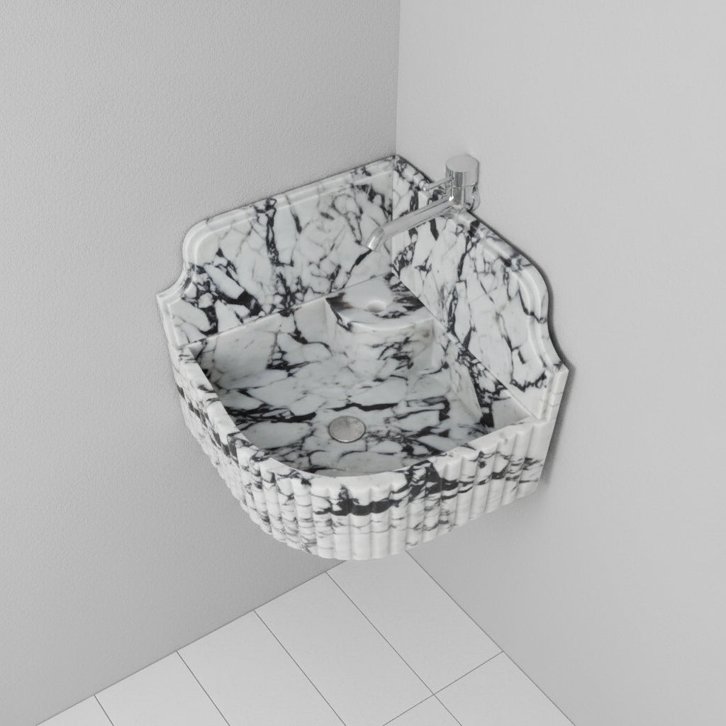 Calacatta Viola Mermer Duvar Tipi Köşe Lavabo – El Yapımı Lüks Köşe Mermeri Lavabo (41×41×20 cm)