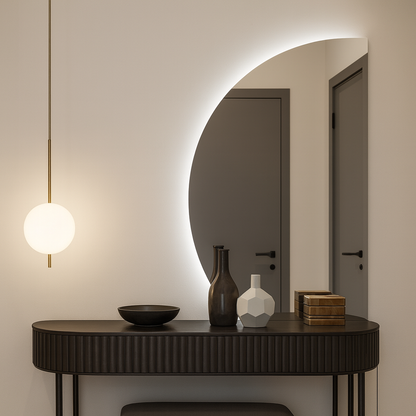 Yarım Ay LED Ayna – Modern Arkadan Aydınlatmalı Banyo Aynası, Şık Dekoratif LED Duvar Aynası