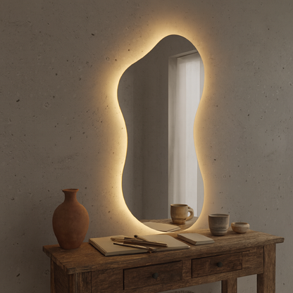 Asimetrik LED Ayna | Modern Dekoratif Duvar ve Banyo Aynası | Organik Form Işıklı Ayna Tasarımı