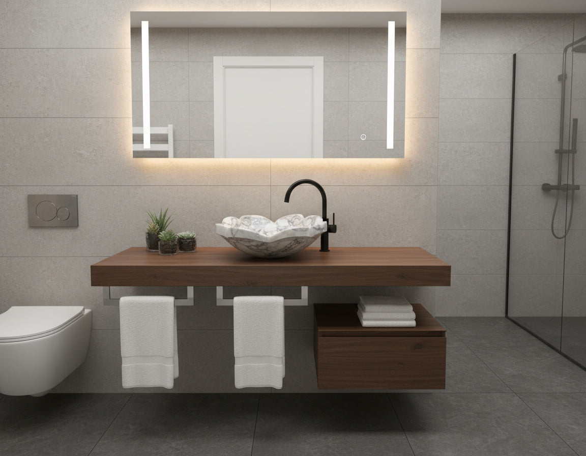 El Oyma Çiçek Formlu Mermer Lavabo – Lüks Doğal Taş Tezgâh Üstü Banyo Lavabosu (L 42 × W 42 × H 14 cm)