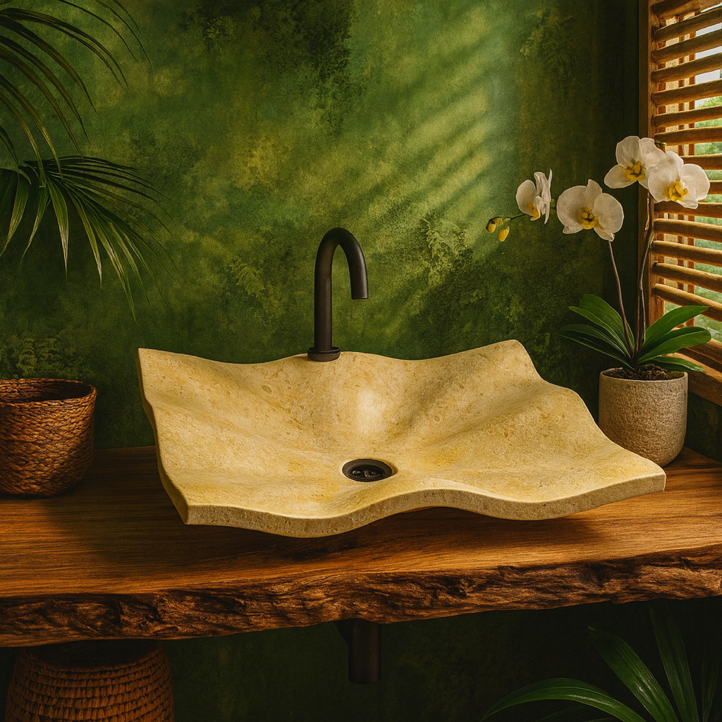 Limra Mermeri Doğaltaş Lavabo – El Oyması Dalga Formlu Mermer Banyo Lavabosu (60×45×13 cm)