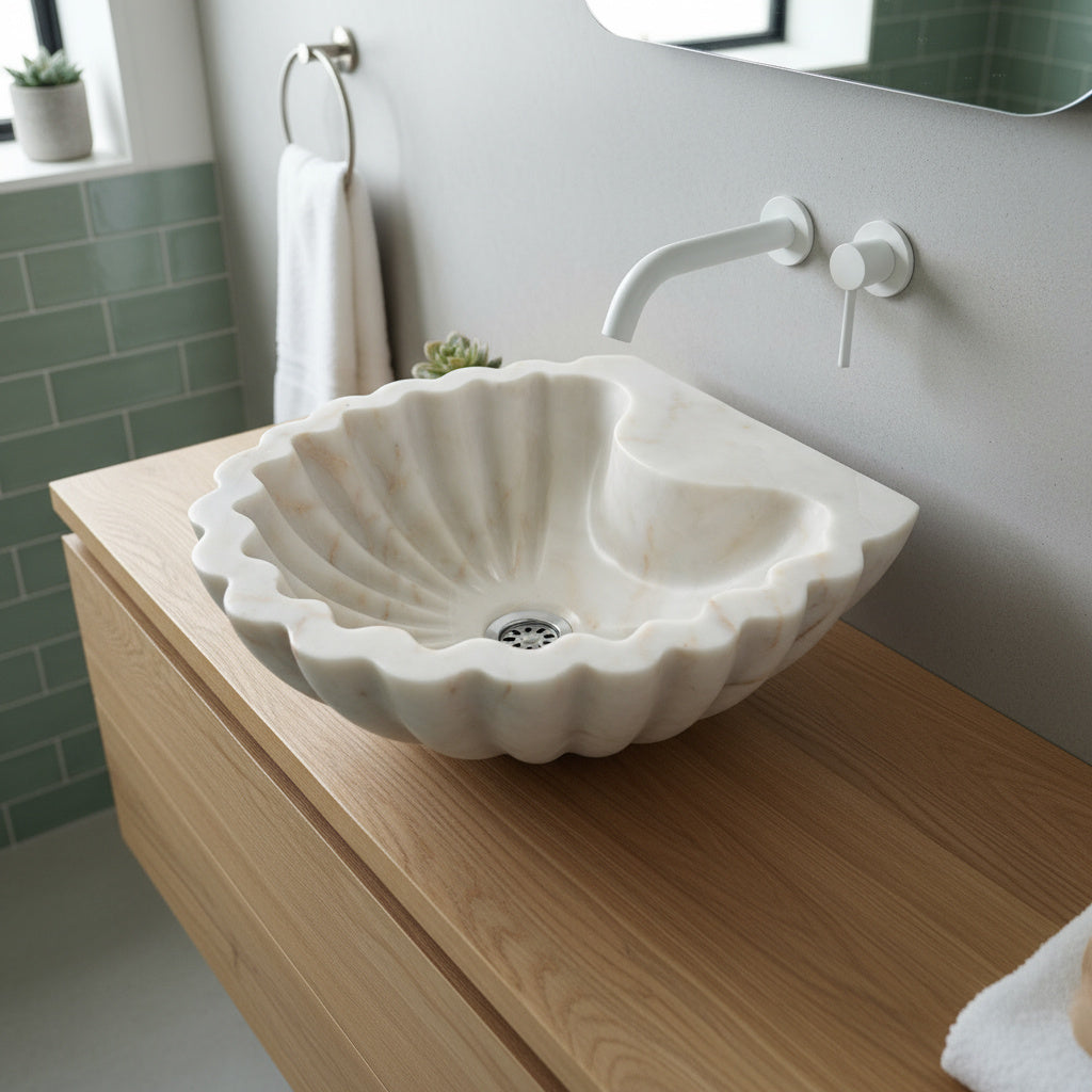 Carrara Mermer Kabuk Formu Banyo Lavabo – El Oyma Doğal Mermer Şelale Lavabo