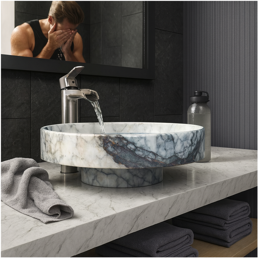 New York Mermeri Yuvarlak Doğal Taş Lavabo – 39×39×11 cm