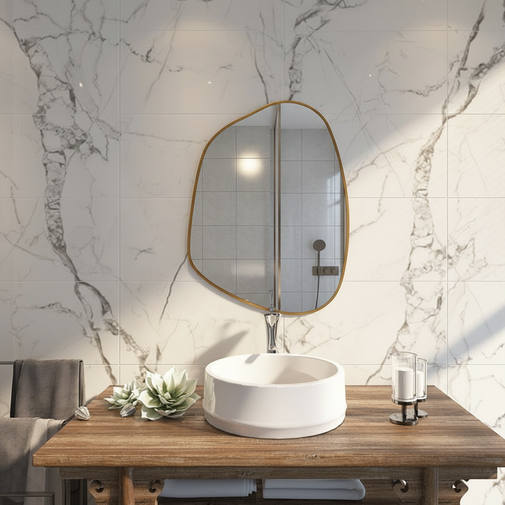 Modern Asimetrik Banyo Aynası – Çerçeveli Organik Şekilli Duvar Aynası