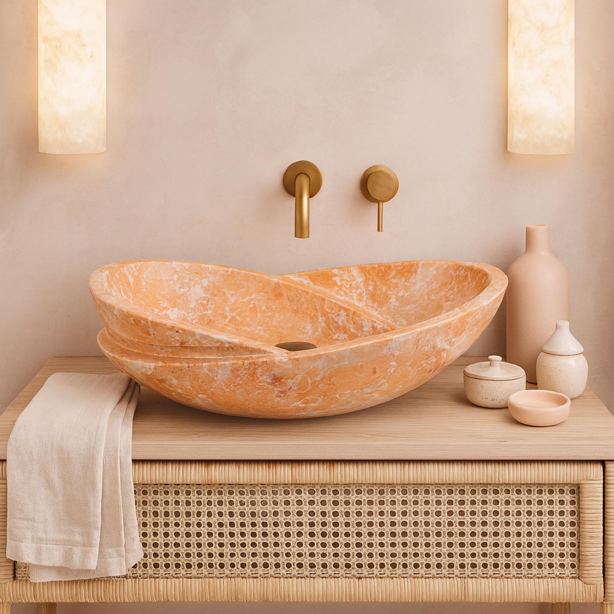 Rosso Verona Turuncu Mermer Lavabo – El Yapımı Doğal Taş Tezgâh Üstü Lavabo, Oval Lüks Mermer Banyo Lavabosu (40×55×14 cm)