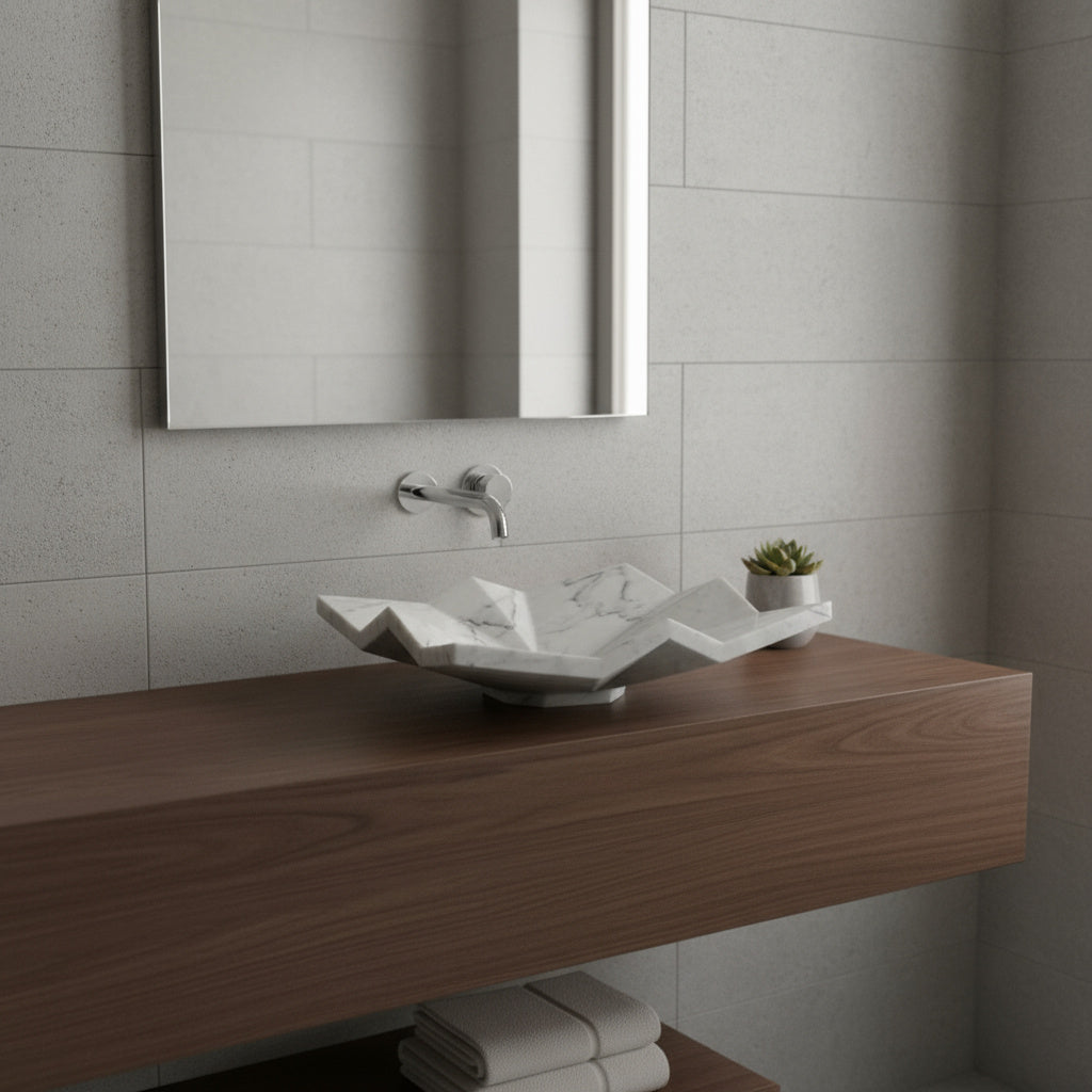 Modern Geometrik Tasarımlı Mermer Lavabo – El Yapımı Doğal Taş Tezgâh Üstü Banyo Lavabosu (L 55 × W 45 × H 14 cm)