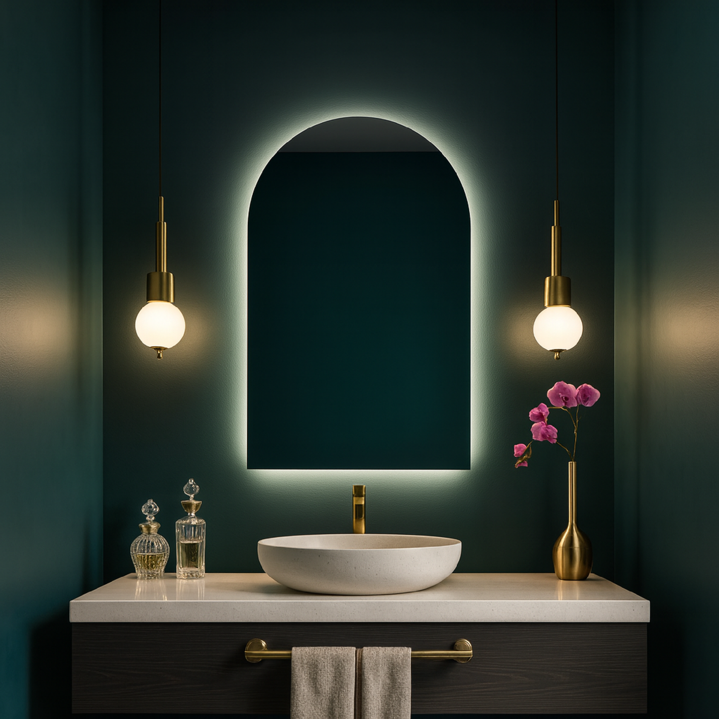 Modern LED Işıklı Kemer Banyo Aynası – Arkadan Aydınlatmalı Arch Ayna, Minimalist ve Şık Banyo Dekoru