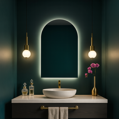 Modern LED Işıklı Kemer Banyo Aynası – Arkadan Aydınlatmalı Arch Ayna, Minimalist ve Şık Banyo Dekoru