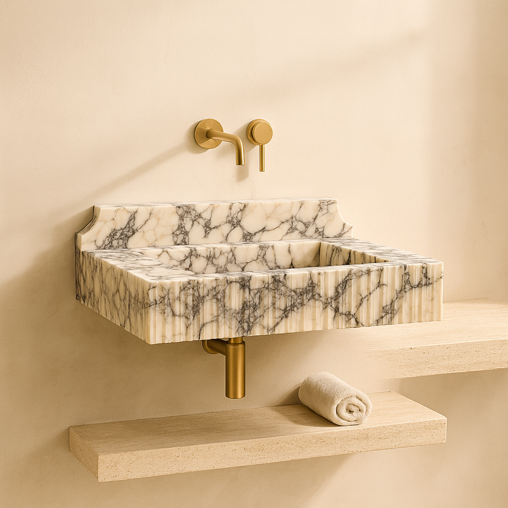 Calacatta Viola Mermer Çift Lavabolu Özel Tasarım Banyo Lavabosu – Fluted (Yivli) Blok Mermer Tezgâh Üstü Modeli – L90 × W50 × H30,5 cm