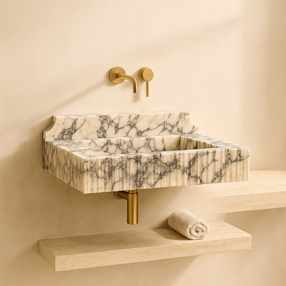 Calacatta Viola Mermer Çift Lavabolu Özel Tasarım Banyo Lavabosu – Fluted (Yivli) Blok Mermer Tezgâh Üstü Modeli – L90 × W50 × H30,5 cm