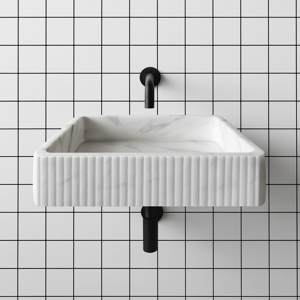 Carrara Beyaz Mermer Duvara Monte Banyo Lavabo – İnce Oyma Tasarımlı, El Yapımı Doğal Mermer Lavabo