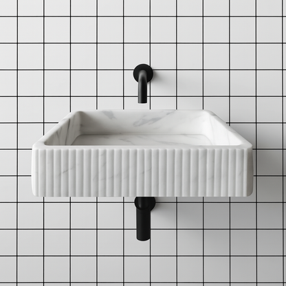 Carrara Beyaz Mermer Duvara Monte Banyo Lavabo – İnce Oyma Tasarımlı, El Yapımı Doğal Mermer Lavabo
