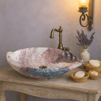 Rosso Levanto Marble Lavabo – Doğal Rosso Levanto Mermer Tezgâh Üstü Banyo Lavabosu (L 65 × W 40 × H 14 cm)