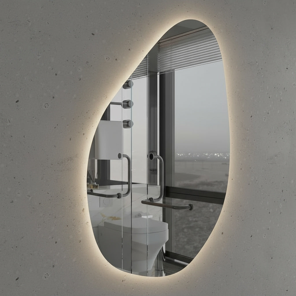 Asimetrik LED Ayna – Modern Organik Şekilli Duvar Aynası, Banyo & Makyaj Aydınlatmalı Dekoratif Ayna