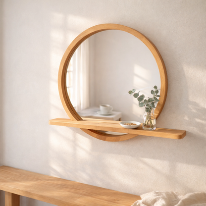 Raflı Masif Kayın Ağacı Yuvarlak Ayna – İskandinav Tarzı Antre ve Banyo Aynası