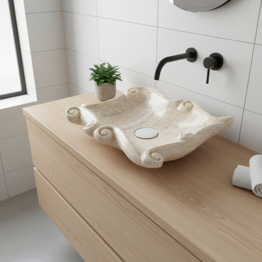 Oniks Mermer Lavabo – Doğal Taş Banyo Lavabosu, Lüks El Oyması Oniks Tezgâh Üstü Lavabo (60×48×14 cm)