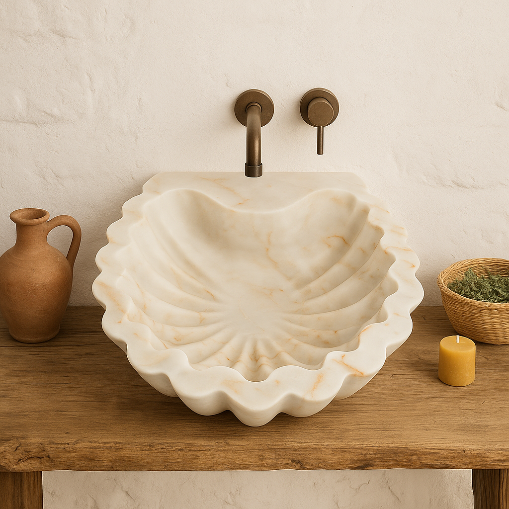 Carrara Mermer Kabuk Formu Banyo Lavabo – El Oyma Doğal Mermer Şelale Lavabo