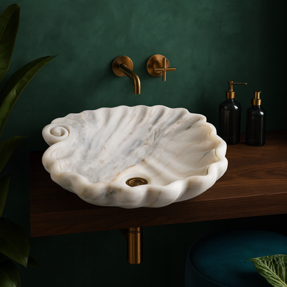 Beyaz Mermer Lavabo – Doğal Beyaz Mermer Tezgâh Üstü Banyo Lavabosu (L 45 × W 45 × H 15 cm)