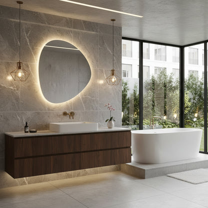Modern Asimetrik LED Ayna | Organik Şekilli Dekoratif Banyo Aynası | Sıcak Işıklı Tasarım Aydınlatmalı Ayna