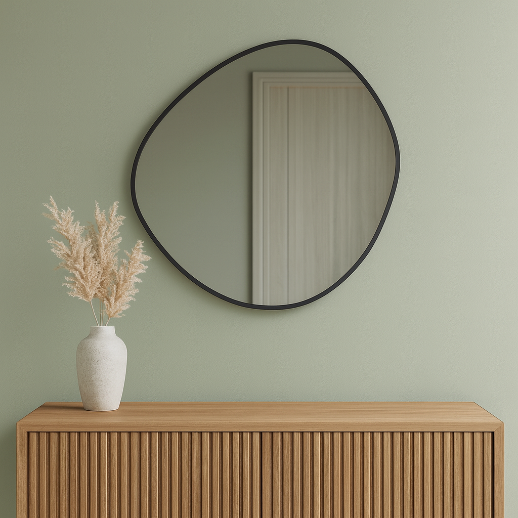 Modern Organik Form Banyo Aynası – Çerçeveli Asimetrik Ayna, Tasarım Duvar Aynası, Mermer Banyo İçin Şık Dekoratif Ayna